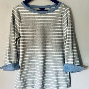 Nautica Striped 3/4 Sleeve Chambray Cuff  Gray Top size M